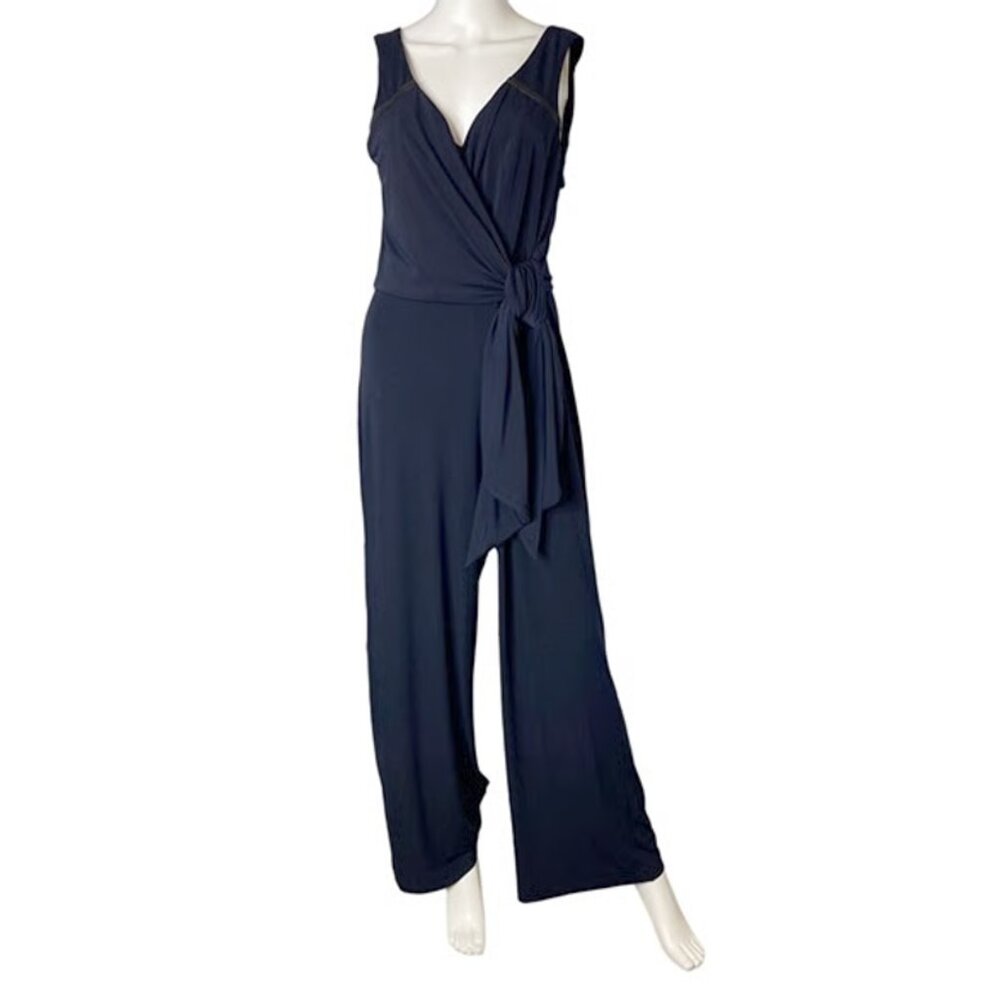 Badgley Mischka Belle Navy Blue and Black V-Neck Jumpsuit Tied Waist — Size US 0